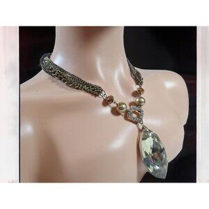 Antique 1930s Clear Chandelier Crystal Pendant Necklace, 20" Long Antiqued Layer